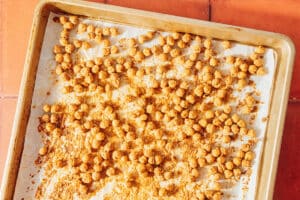 Crispy chickpeas on a baking sheet.