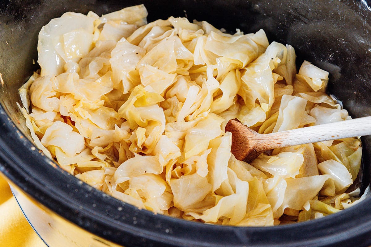 Slow cooker cabbage in a crock pot.