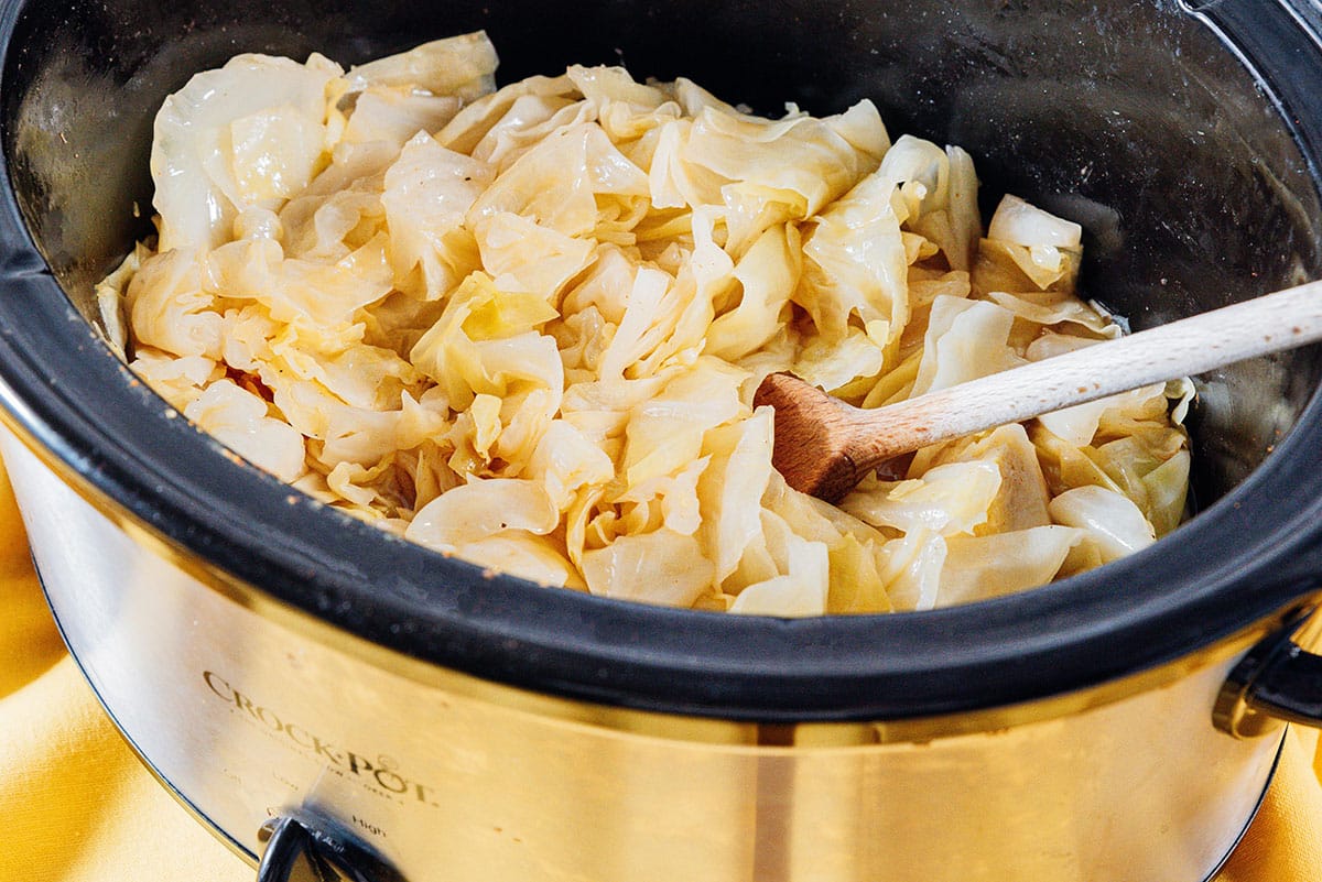 Slow cooker cabbage in a crock pot.