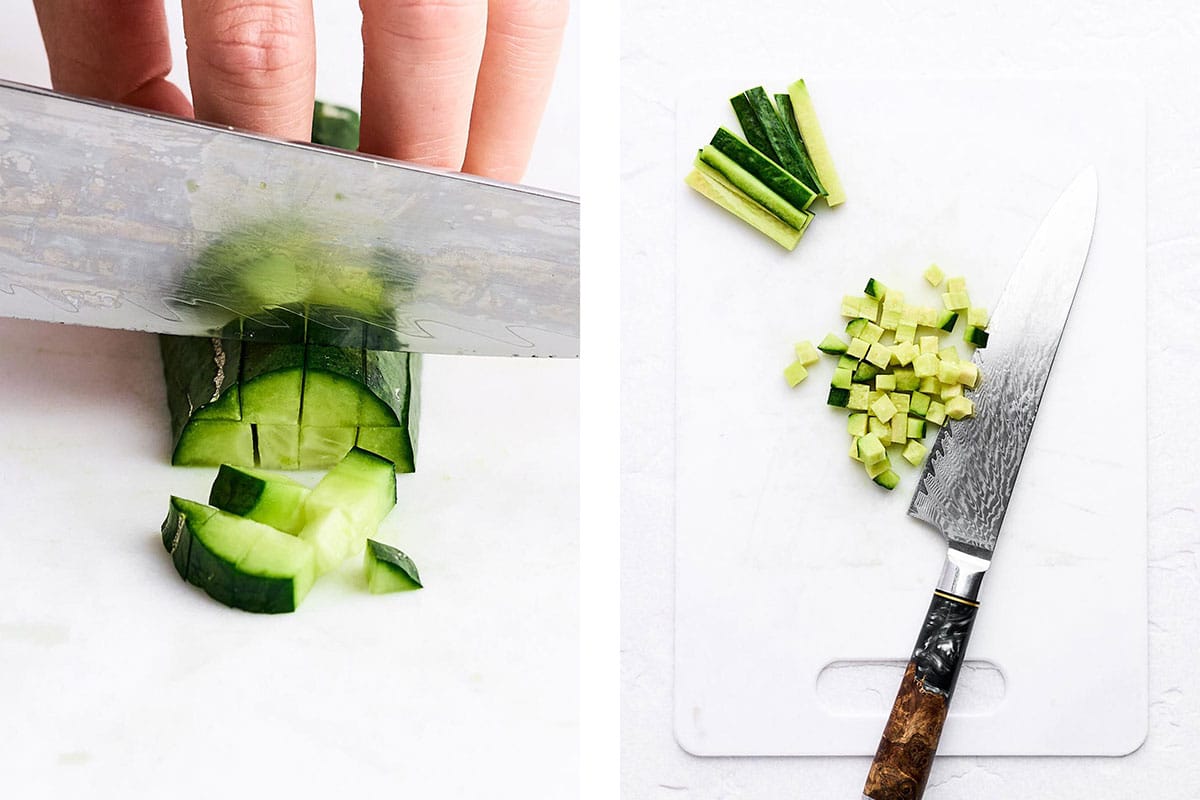 Cutting cucumber into cubes.