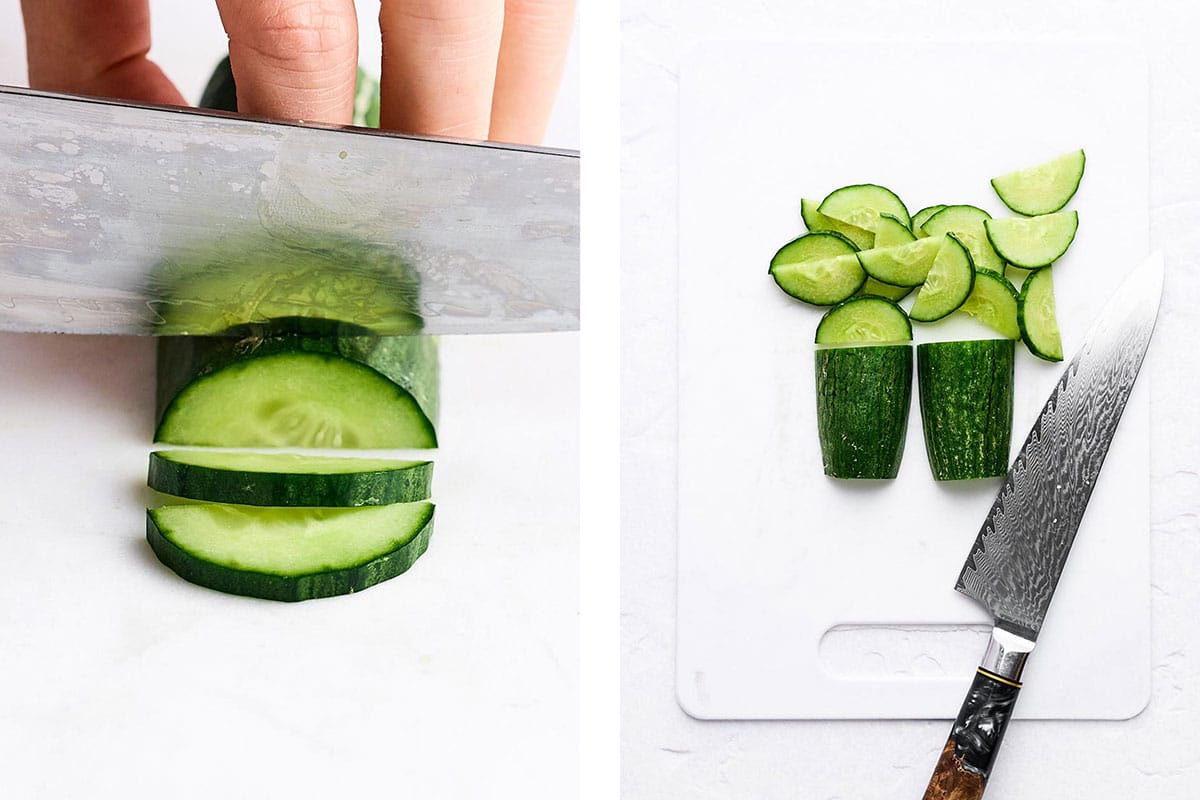 Cutting cucumber into half moons.