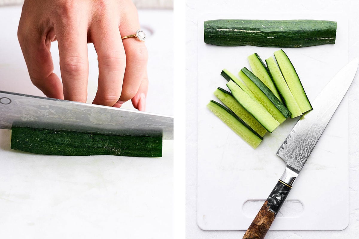 Cutting cucumber into wedges.