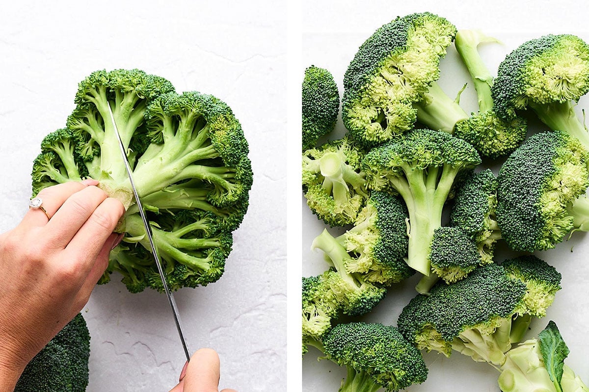 Cutting broccoli into large florets.