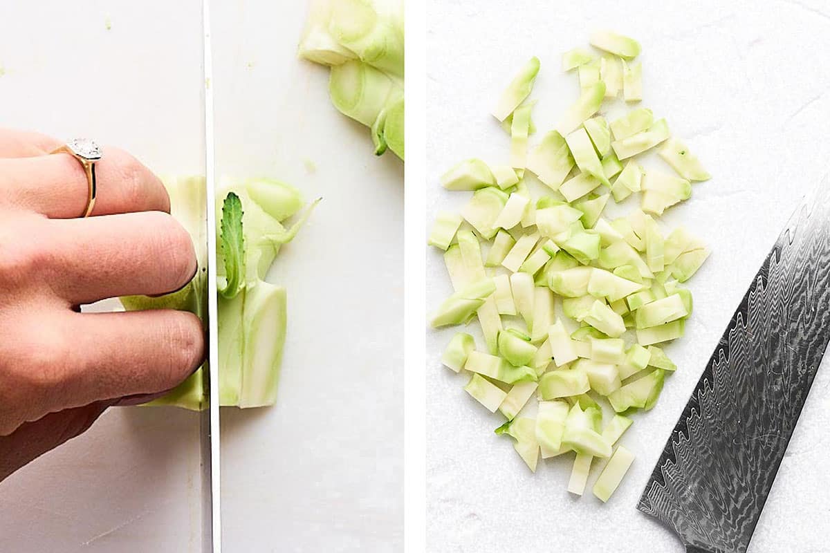 Cutting broccoli stem.