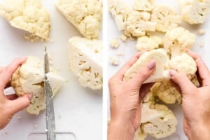 Cutting cauliflower into quarters for florets.