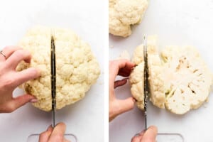 Cutting cauliflower in half for steaks.