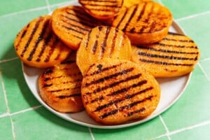 Rutabaga burgers on a plate.