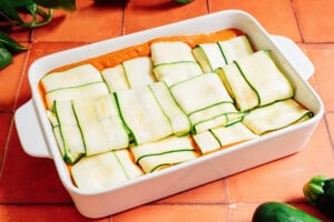 Uncooked zucchini ravioli casserole.