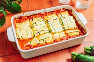 Cooked zucchini ravioli casserole.