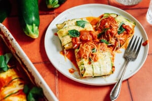 Zucchini ravioli on a plate.