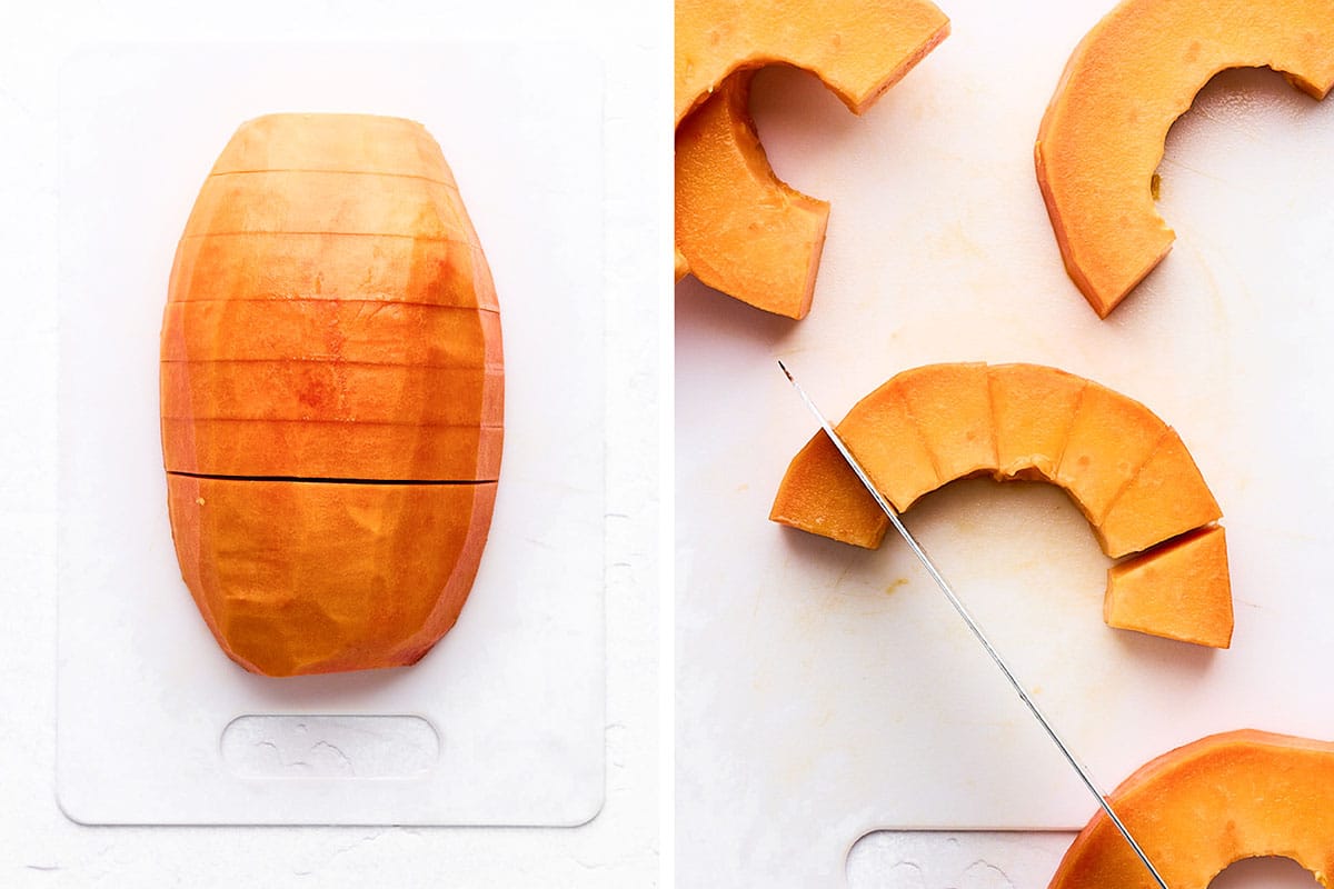 Cubing papaya.