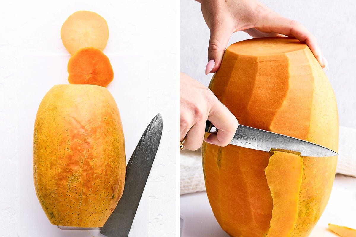 Peeling papaya.
