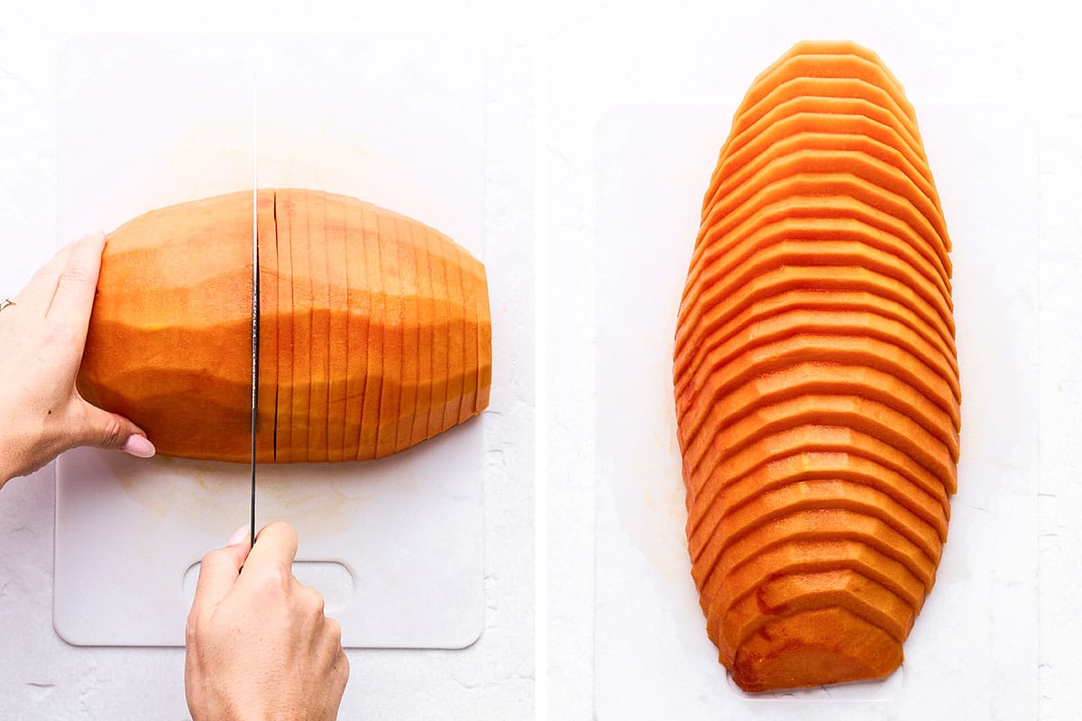Slicing papaya.