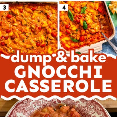 Step-by-step images show a Baked Gnocchi casserole being assembled with creamy Boursin, then baked and served garnished with fresh basil on a patterned plate.