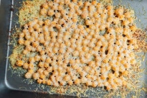 Crispy parmesan chickpeas in a pan.
