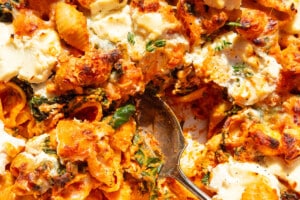Pumpkin pasta bake in a casserole dish.
