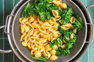 Cooked pasta and kale in a colander.