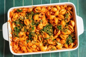 Pumpkin pasta in a dish before baking.
