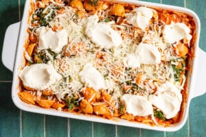 Topping pumpkin pasta bake with cheese.