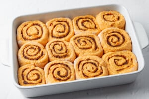 Uncooked cinnamon rolls after rising.
