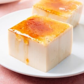 Tofu brulee with caramelized sugar on top.