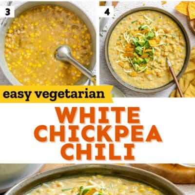 Five-step photo collage showing the preparation of whtie chickpea chili, featuring ingredients being mixed and the final served bowl garnished with avocado, corn, and tortilla chips.
