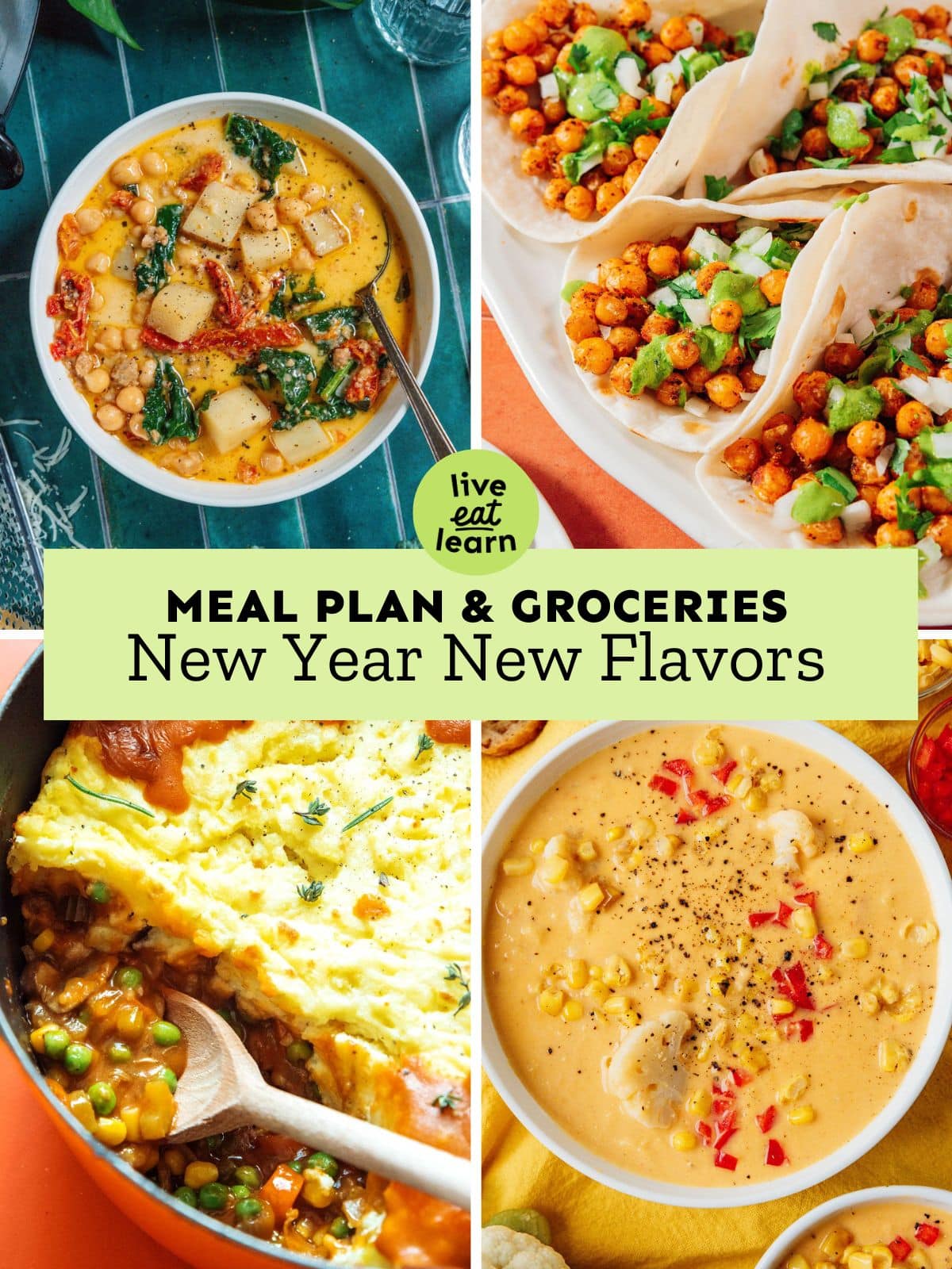 Collage of recipes in a vegetarian meal plan.