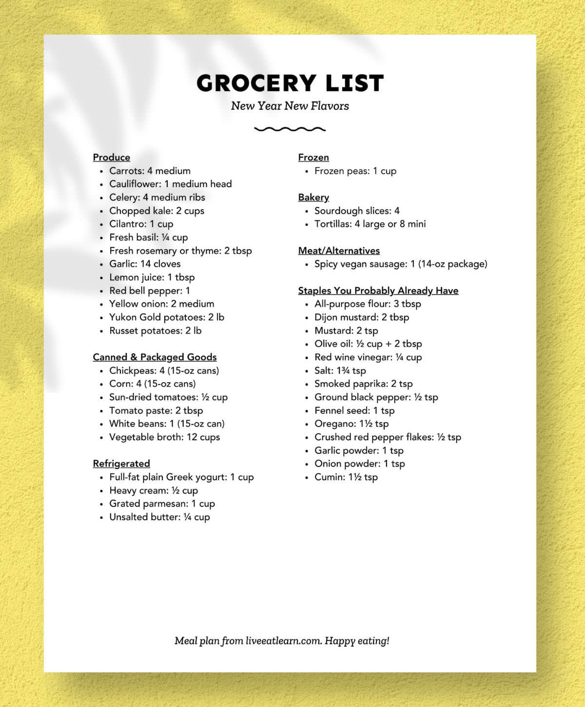 Print out of a vegetarian meal plan grocery list.