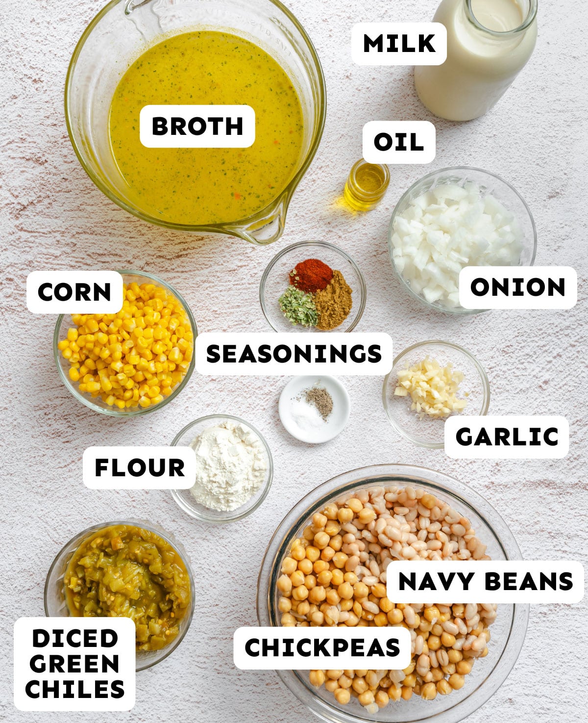 Overhead view of labeled ingredients for chickpea chili in bowls and jars: broth, milk, oil, onion, garlic, navy beans, chickpeas, diced green chiles, corn, flour, and mixed seasonings.