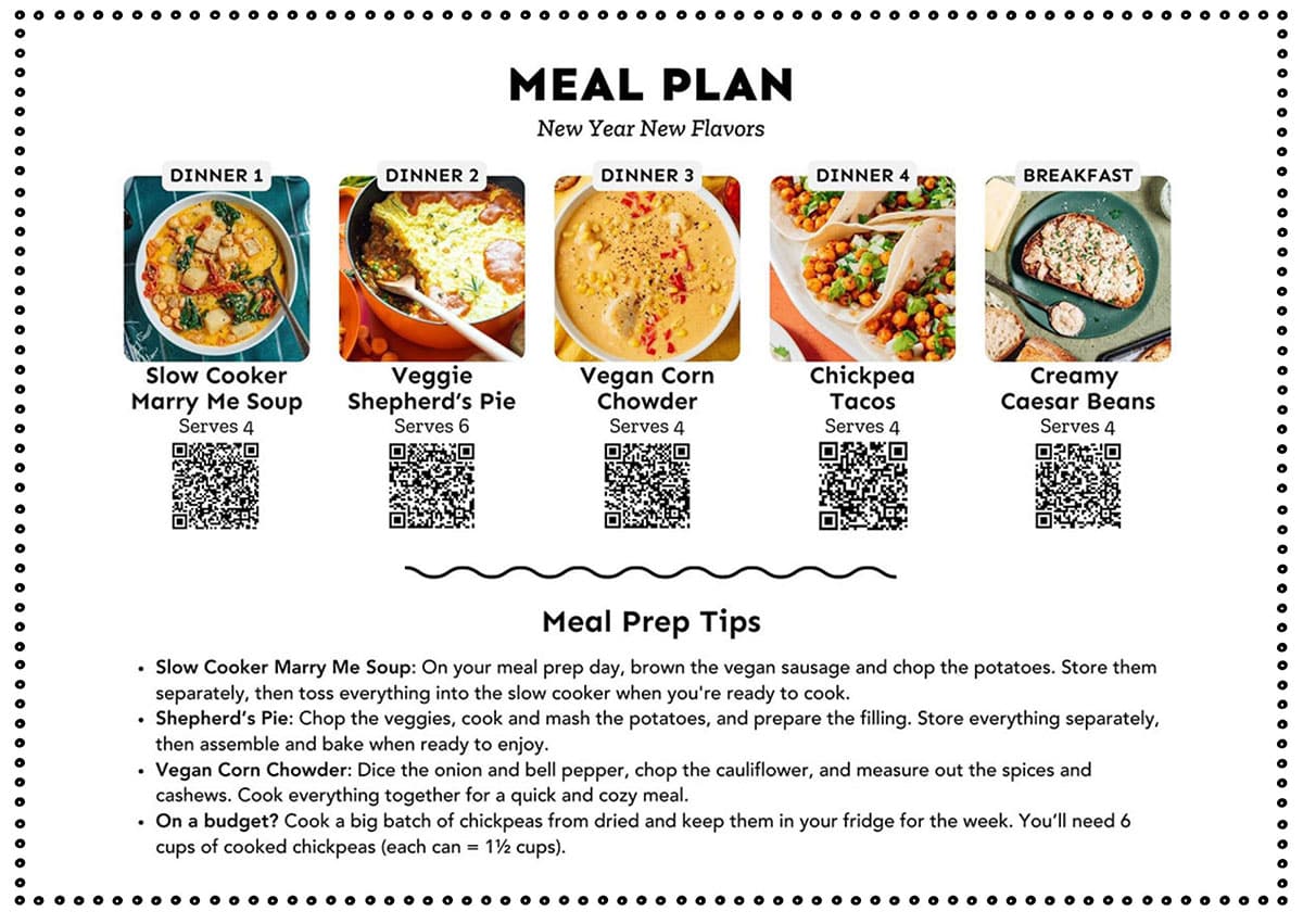 Print out of a vegetarian meal plan.