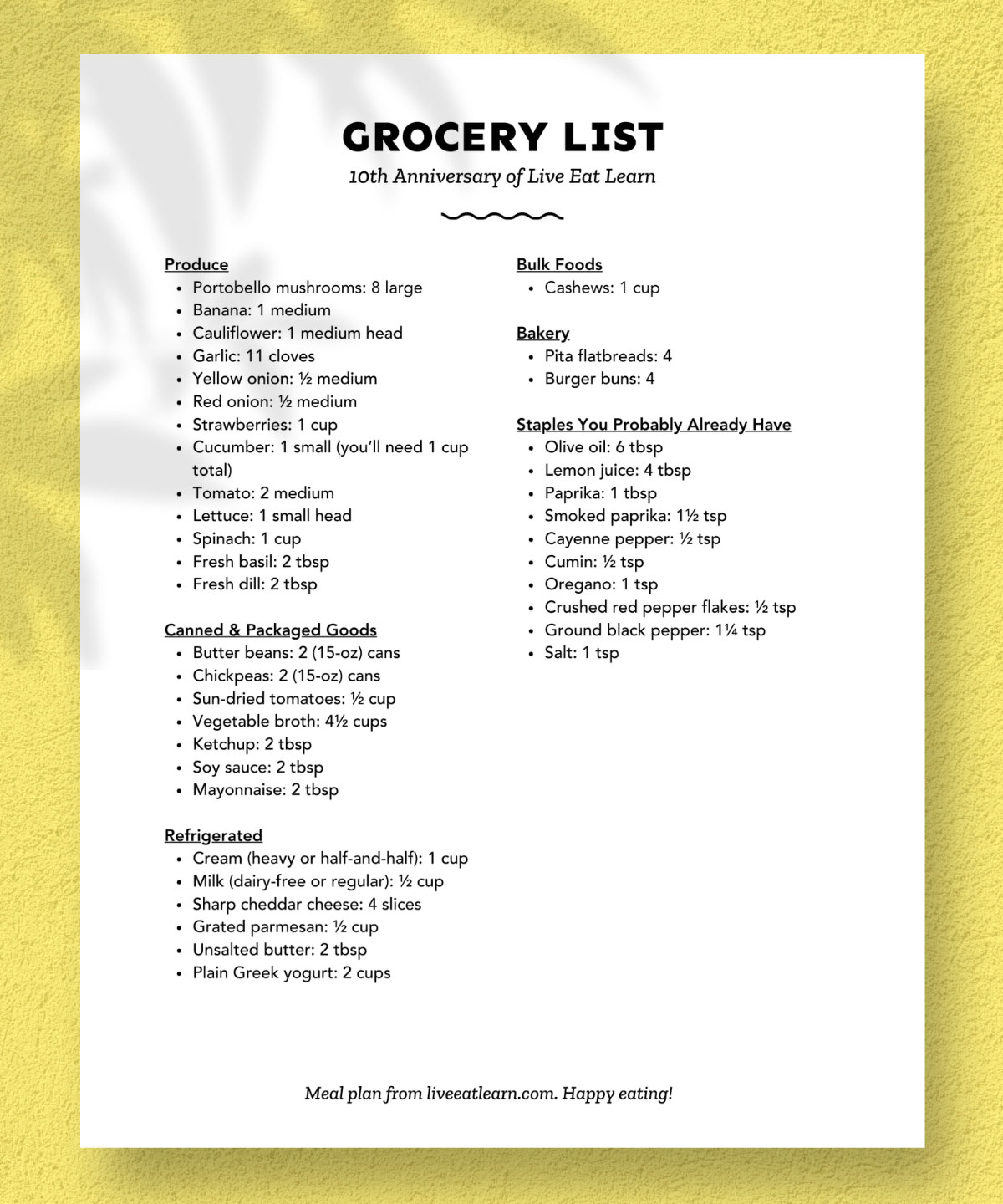 Sample grocery list.