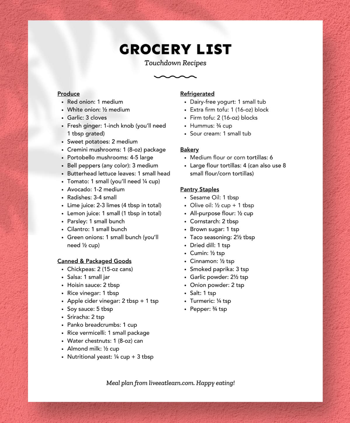 Vegetarian meal plan mockup.