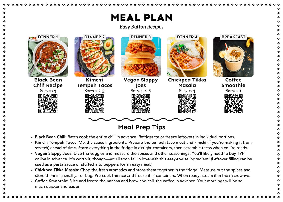 Collage that says "easy button recipes meal plan".