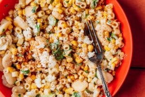 Street corn pasta salad in a bowl.