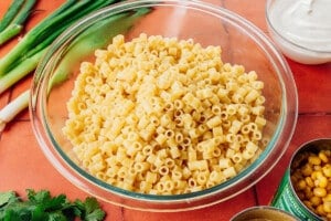 Cooked pasta in a bowl.