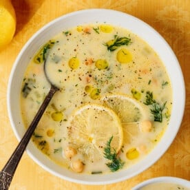 Avgolemono soup in a bowl.