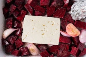 Ingredients for beet pasta in a pan.