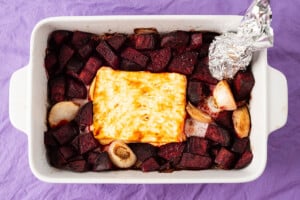 Ingredients for beet pasta in a pan.