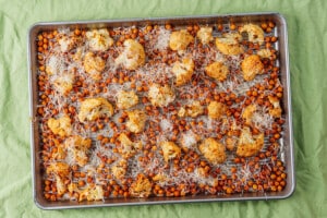 Garlic parmesan cauliflower and chickpeas on a platter.