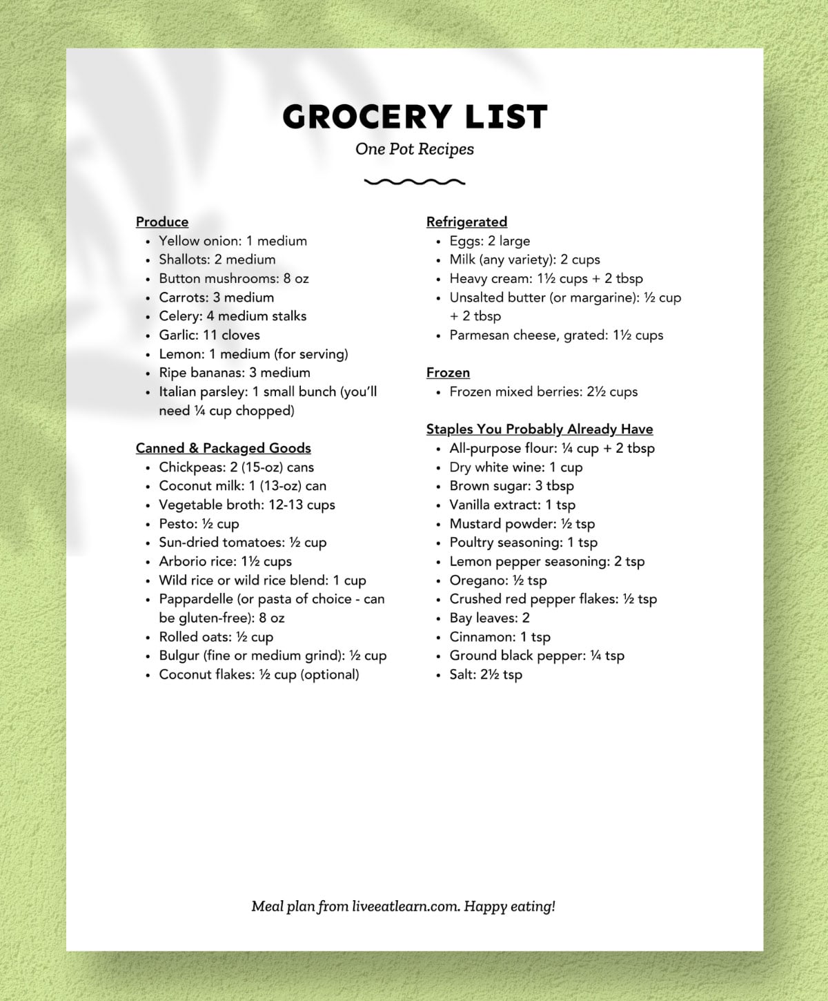 A grocery list is shown on a white sheet, divided into five sections: Produce, Canned & Packaged Goods, Refrigerated, Frozen, and Pantry Staples.