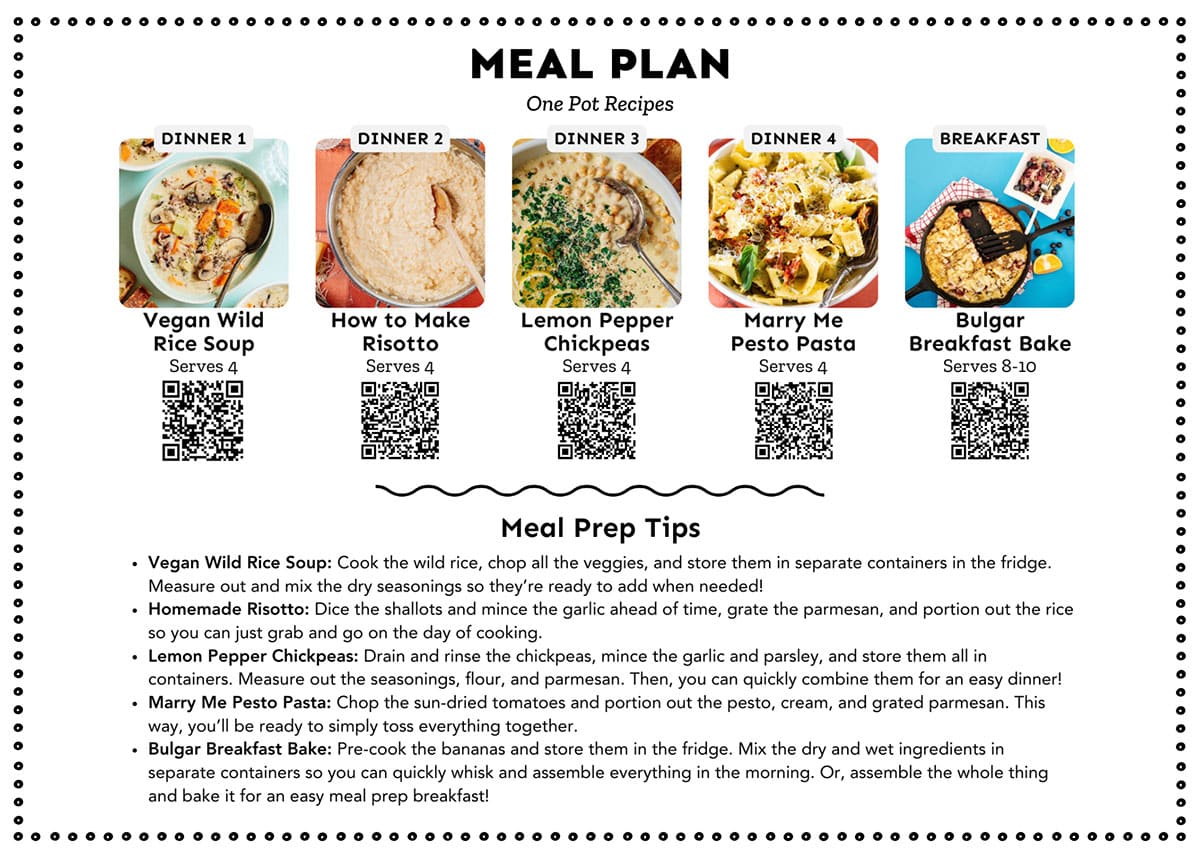 Meal plan featuring five one-pot recipes with images: Vegan Wild Rice Soup, Risotto, Lemon Pepper Chickpeas, Pesto Pasta, and a Bulgar Breakfast Bake. Meal prep tips are listed below.