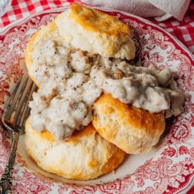 Vegan sausage gravy on biscuits.
