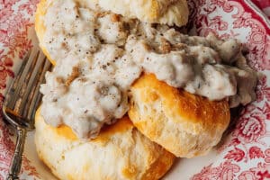 Vegan sausage gravy on biscuits.