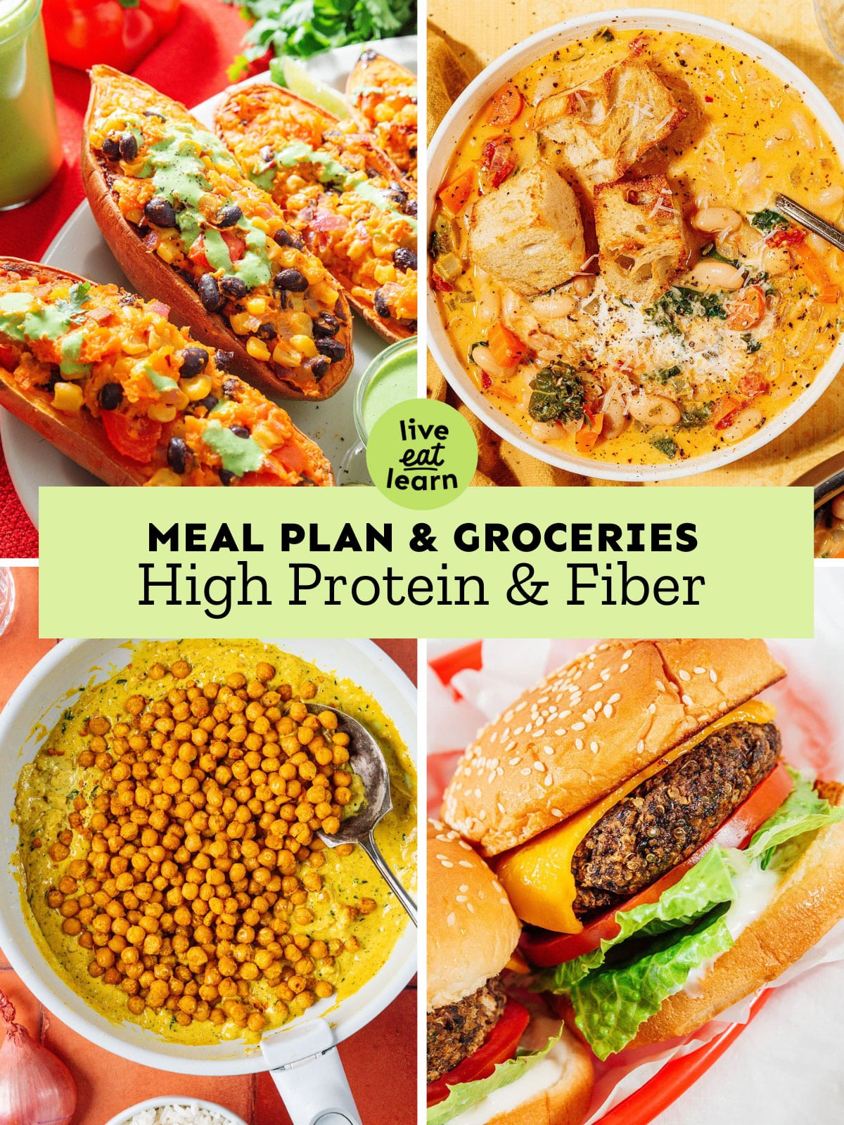 Collage for high protein and fiber vegetarian meal plan.