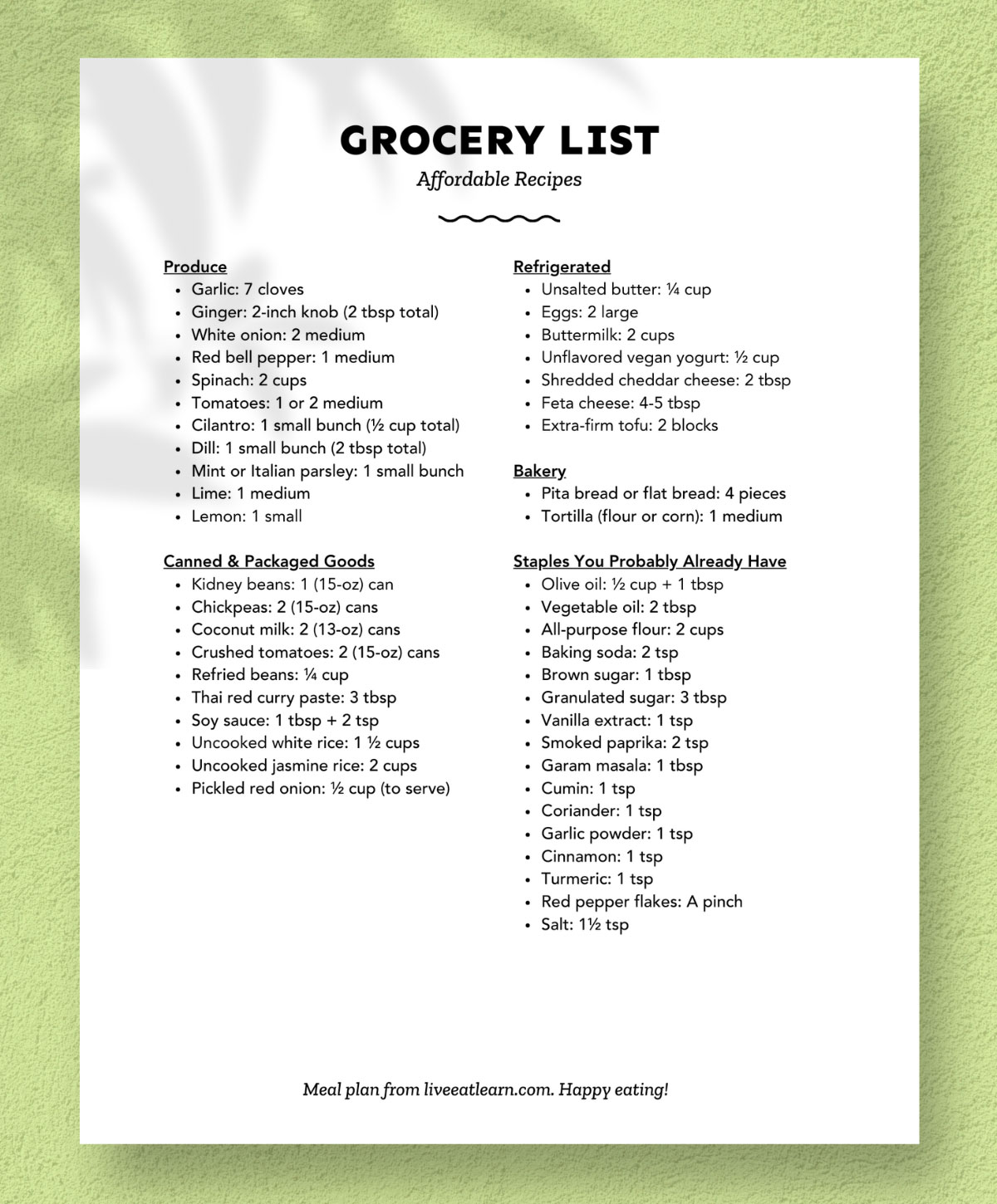A printed grocery list is organized by category, including produce, canned and packaged goods, dairy, and pantry staples, with item quantities specified for each.