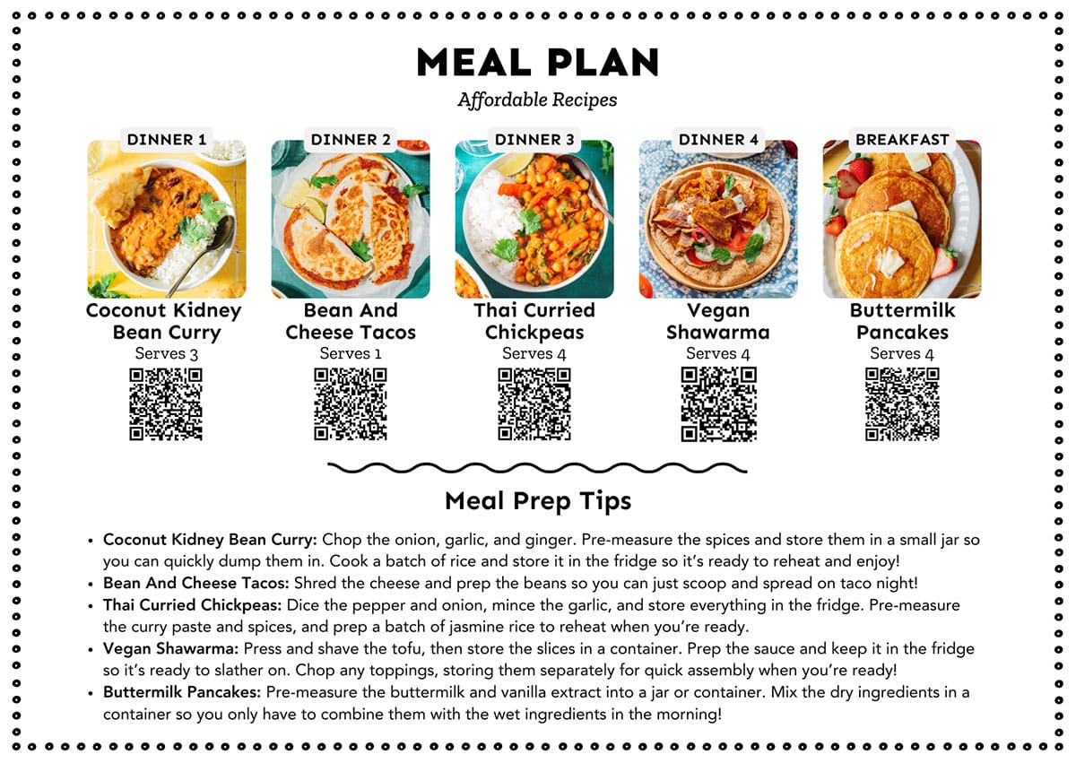 A meal plan with images and QR codes for coconut kidney bean curry, bean tacos, Thai curried chickpeas, vegan shawarma, and buttermilk pancakes, plus meal prep tips at the bottom.