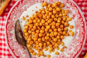 Hot honey chickpeas with whipped feta.