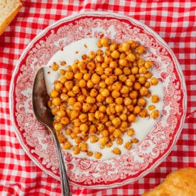 Hot honey chickpeas with whipped feta.