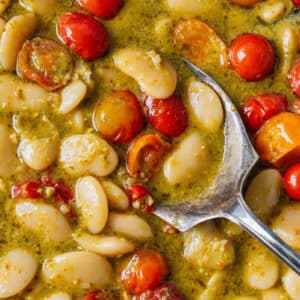 Close-up of a metal spoon in a mixture of white beans, red and yellow cherry tomatoes, and green sauce.