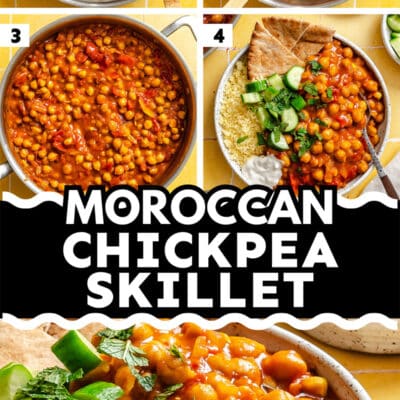 Four-step collage showing the process of making Moroccan chickpeas skillet with onions, spices, chickpeas, tomatoes, and served with fresh vegetables and bread. Text reads Moroccan Chickpea Skillet.